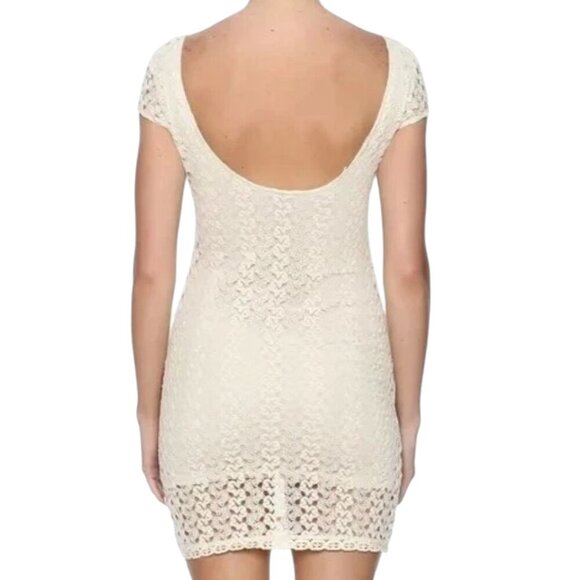 Free People Cap Sleeve Gypsy Crochet Eyelet Lace Dress Women M Cream Y2K Fairy - Picture 5 of 10